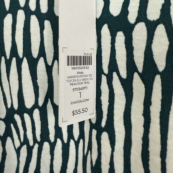 Chico's Marker Everyday Tee Women's Size 1 Medium 3/4 Sleeve Peacock Teal Pima - Picture 11 of 11